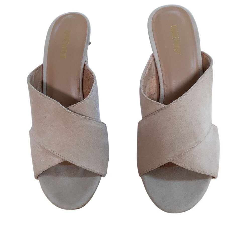 Nine West 4" Cork High Heel Womens Size 9 Tan Suede Slip On Leather Open Toe